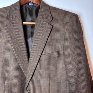 Meeting Street Mens Brown Lambswool Glen Plaid Elbow Patches Blazer 39